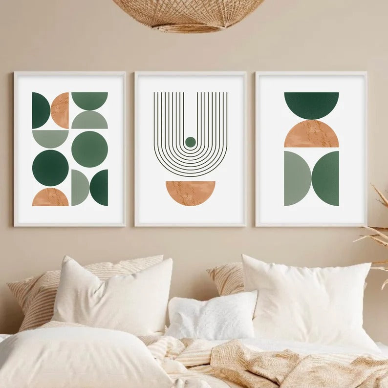 Set x3 Cuadros Abstractos, Boho, verde y rojo - Tree House Deco