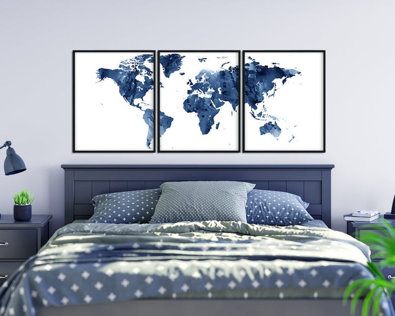 Set x3 Cuadros Decorativos Maps, Mapa del mundo azul - Tree House Deco